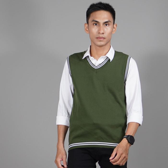 Luxe Style Store Okechuku Rompi Rajut Pria Vest Rajut Pria KREM LIST PUTIH Vest Pria - Army, S