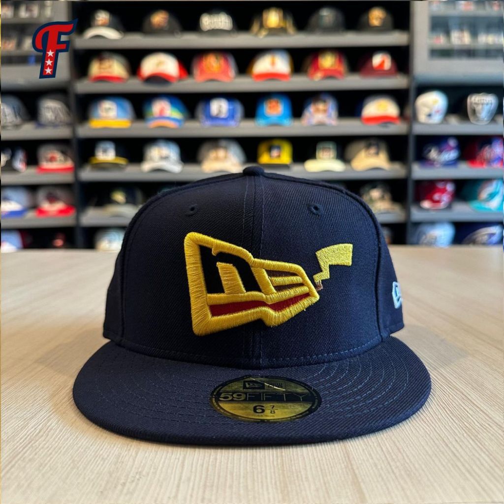 Topi New Era Anime Pokemon Pikachu Logo Collab Navy 59FIFTY Hat Original