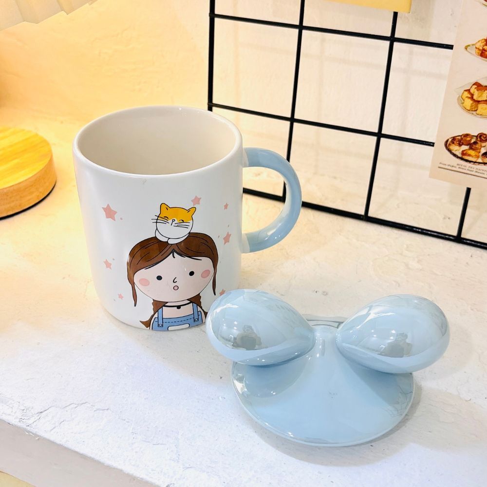 Mug Keramik Aesthetic Tutup Pita 400ml | Cangkir Kopi Teh Lucu Mug Keramik Tutup