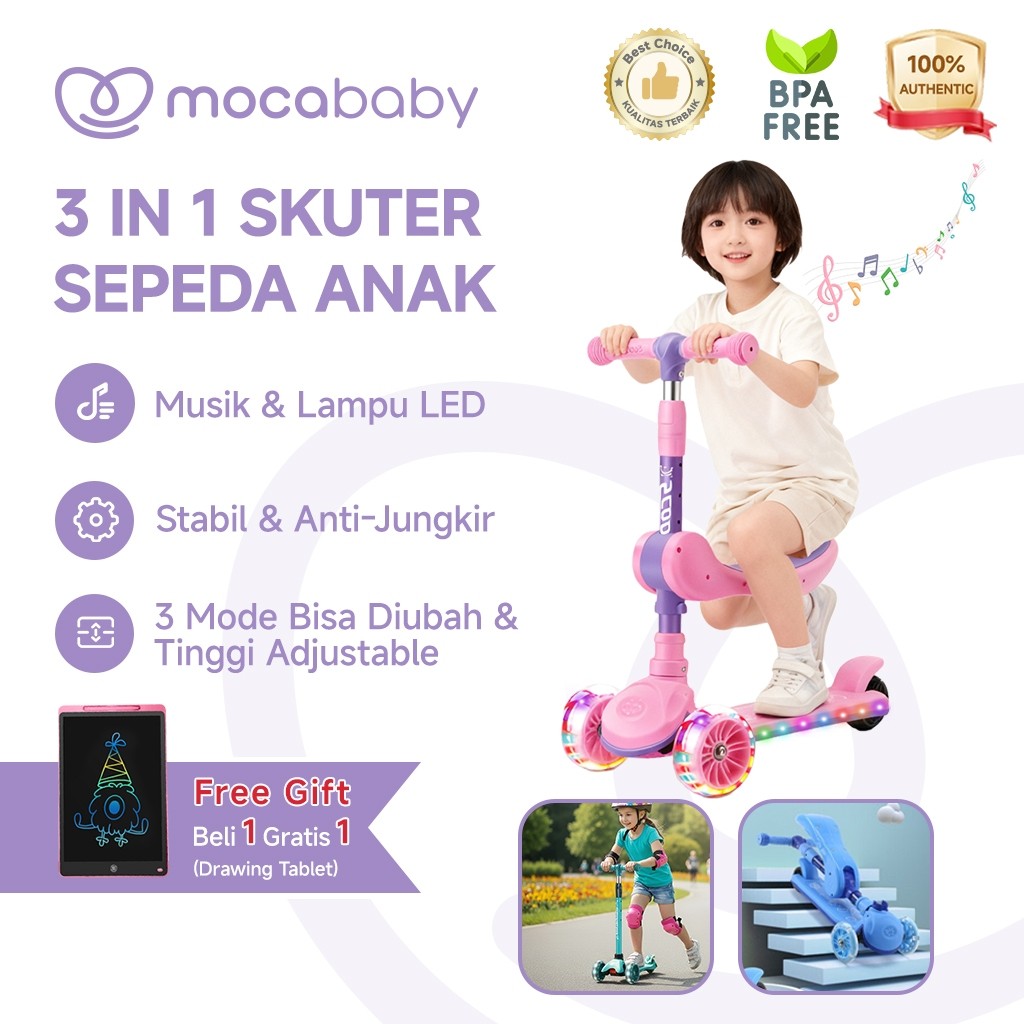 Mocababy (Buy 1 Get 1 Drawing Tablet) Skuter Sepeda Anak 3 in 1 Scooter Anak Roda 3 injak Bisa Lipat