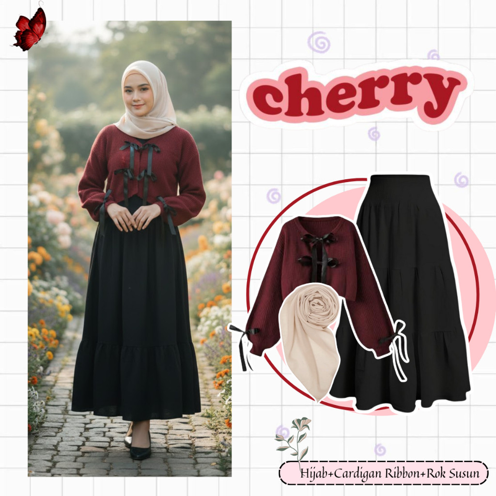 Myra Set Outfit Hijab Wanita ( Jilbab + Cardigan + Rok Susun ) Oneste Daily Look Setelan Simple -D12