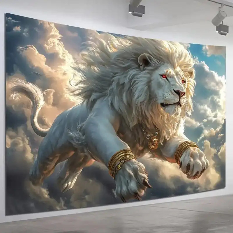 Tapestry Seni Singa Putih dari Kain Poliester untuk Dekorasi Ruang Tamu, Pesta, Tapestry Mewah, Deko