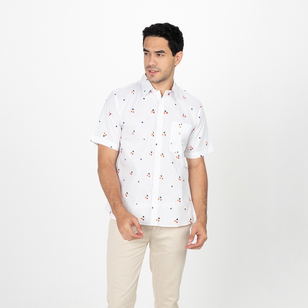 Kemeja Batik Pria Renggas Kemeja Batik Jumputan Lengan Pendek Sekouwit - White