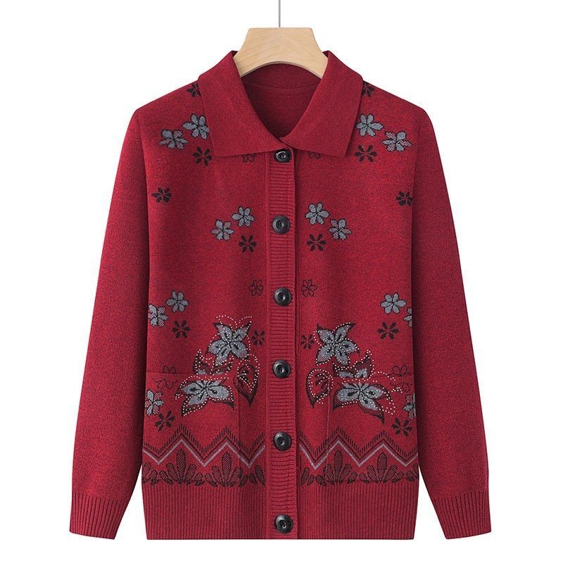 Sweater Wanita Usia Pertengahan dan Lansia Nenek Musim Semi dan Musim Gugur Rajutan Kardigan60-70-80