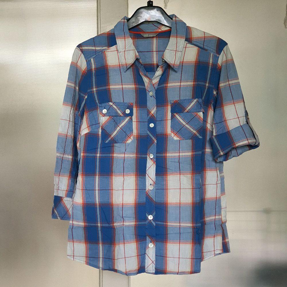 L baju wanita atasan kemeja m&s woman marks spencer biru putih oren preloved seken Panjang Kancing C