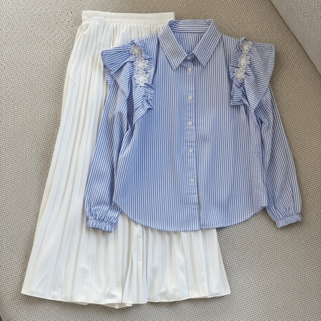 Clovera —— (Real Picture) Lolita Blouse Wanita Muslim Atasan Casual Daily Matt Katun Salur Mix Renda