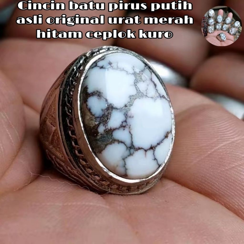 Cincin batu pirus putih asli Dim 18 - 20mm original urat merah hitam ceplok kuro / pirus persia urat