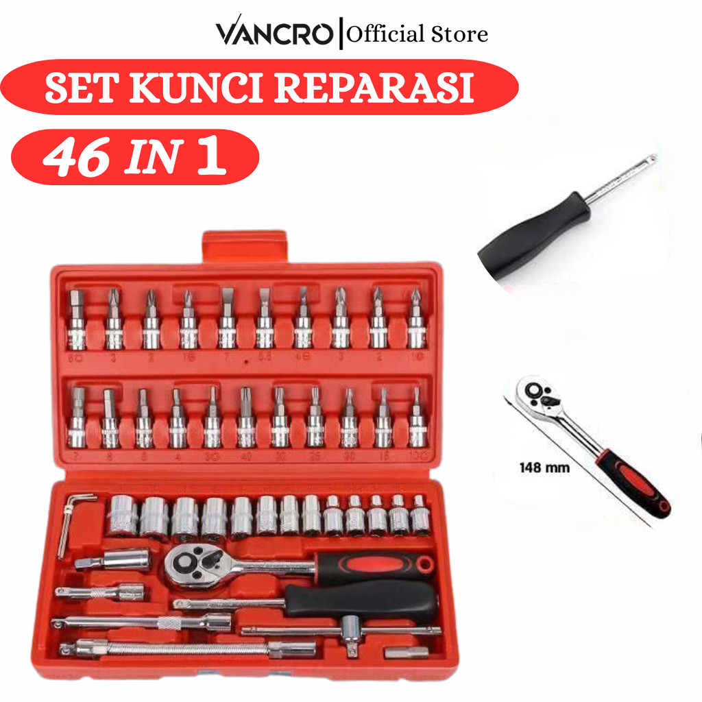VANCRO Set Kunci Sok Reparasi Mobil 46in1 Chrome Vanadium Lengkap Multifungsi