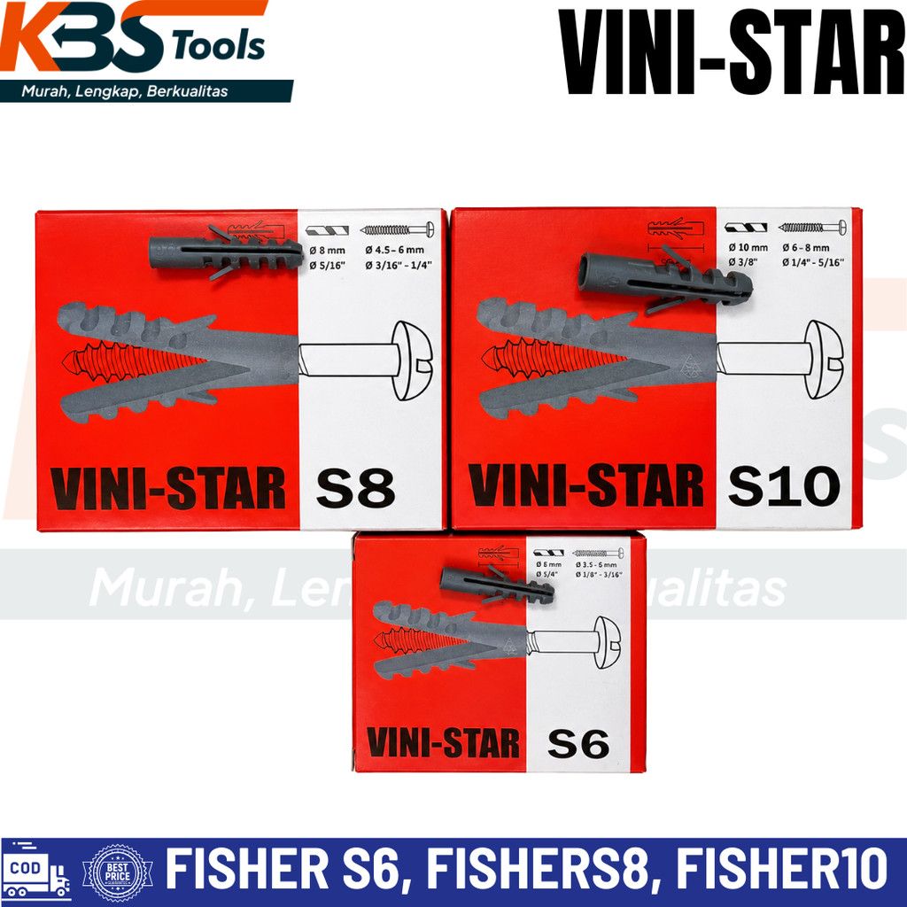 Fisher Vini Star S6 S8 S10 Fiser Plastik Dinding Heavy Duty Wall Plug Baut Sekrup Multifungsi Nylon 