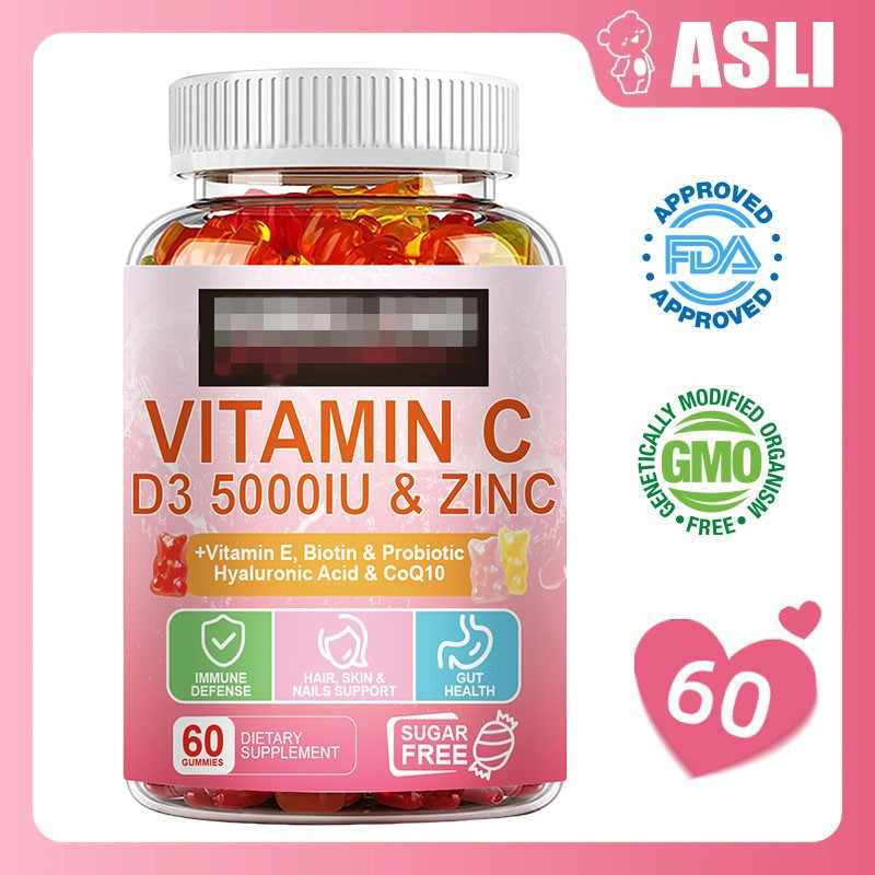Vitamin C D3 5000IU & Zinc Gummy Daya Tahan Tubuh Kuat, Penyerapan Kalsium, Antioksidan Suplemen Imu