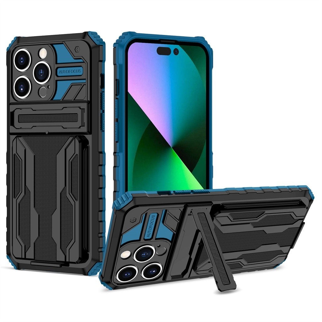 Casing Ponsel dengan Stand Tersembunyi dan Kantong Kartu untuk iPhone 15 14 13 Pro Max 15 14 Plus 5G