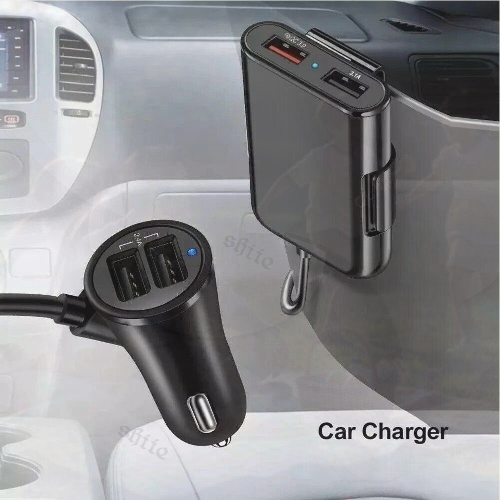 Charger Mobil 4 Port USB Fast Charging 3.1A QC3.0 Dengan Kabel Panjang Isi Banyak HP Sekaligus Anti 