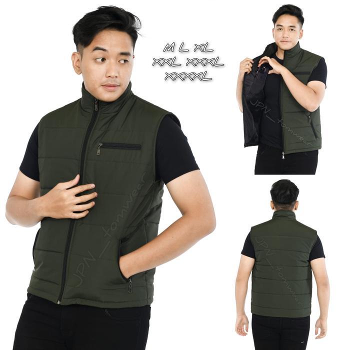 Rompi Pria Wanita Vest Taslan Jaket Pelindung Dada Puffer Bulky Hijau Botol M L XL XXL XXXL XXXXL - 