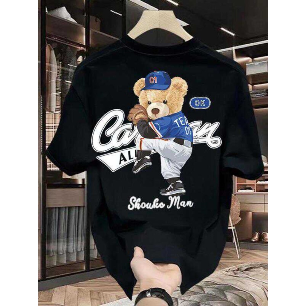 100% Katun [Katun murni]Baju kaos beruang berkancing tebal tebal model beruang bergaya amerika model