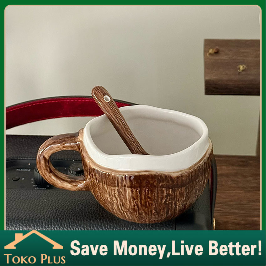 Mug Kelapa Bahan Keramik Coconut Mug & Spoon Set Estetik Unik / Coconut Mug / Gelas Kelapa Bahan Ker