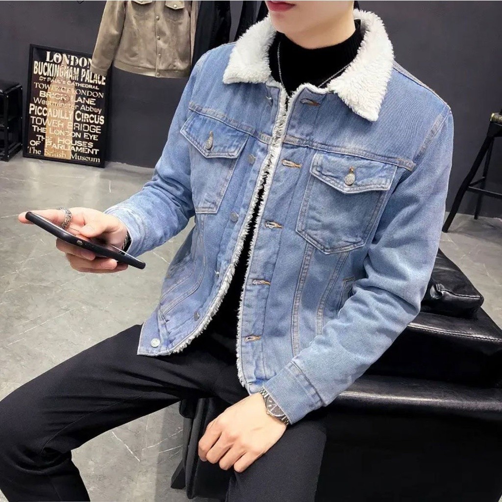 JACKET JEANS SHERPA JACKET DENIM BULU PRIA DAN WANITA TERLARIS BIKER DILAN SHERPA