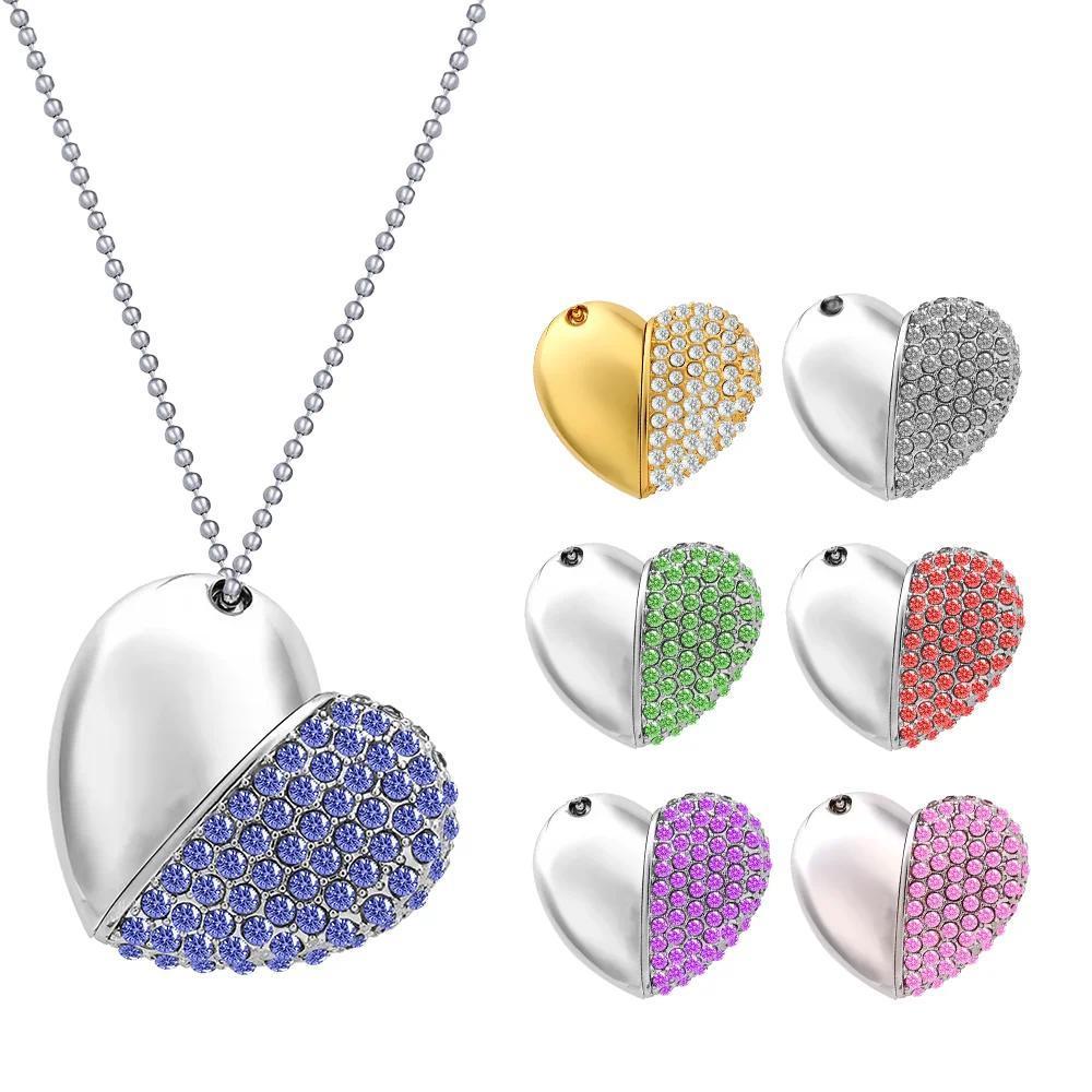 1pcs metal amond love heart shape USB Flash Drives hearts with chain pendrive 4GB 8GB 16GB 32GB 64GB