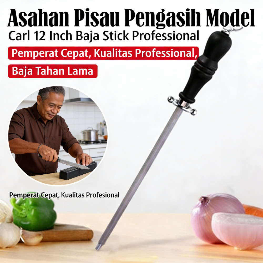 Baja Pisau Asahan 12 inch Premium Quality | Carl Stik Stick Model | Sharpening Stick Pisau | Profess