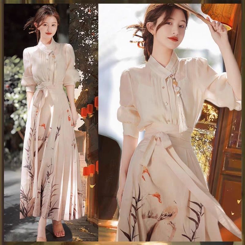 [COD] Set Rok Hanfu Modern Wanita Gaya Retro Pelangsingan Klasik Motif Wajah Kuda