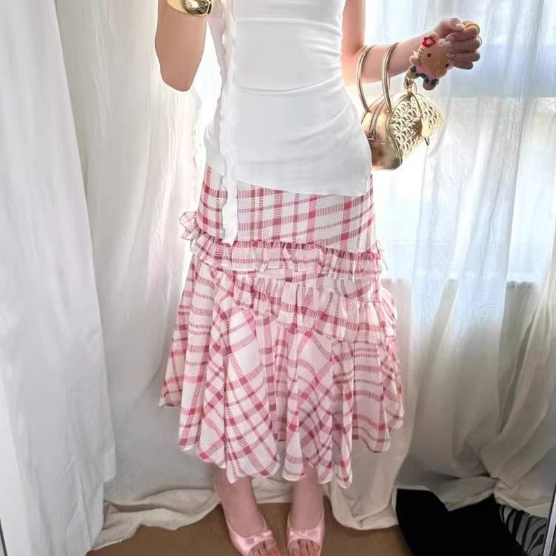 ChubChic COD Rok Panjang Kotak Wanita Rok Ruffle Layer Asimetris High Waist Rok A Line Korean Style 