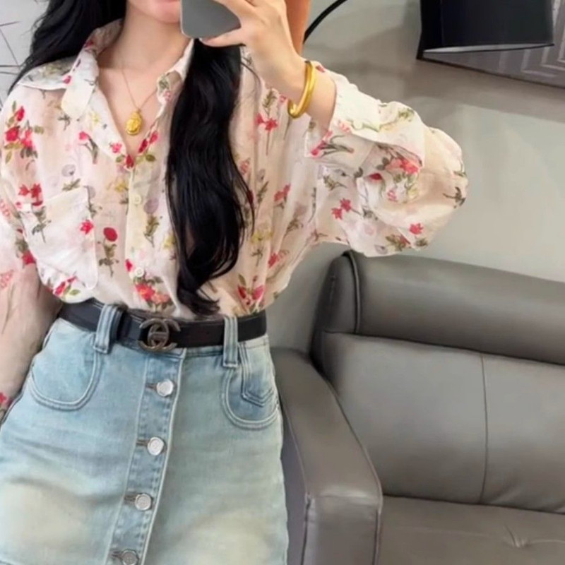 [COD]Blus sifon motif bunga retro gaya Eropa untuk wanita