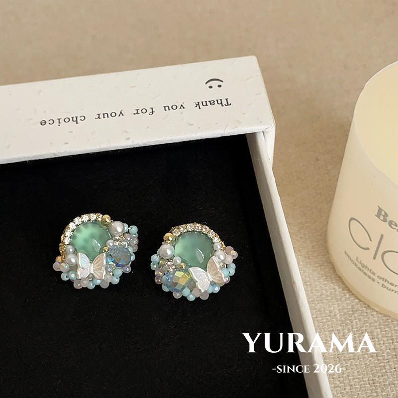 [Yurama] anting warna berbeda kristal hati merah anyaman biru manik ungu emas berkilau halus untuk w