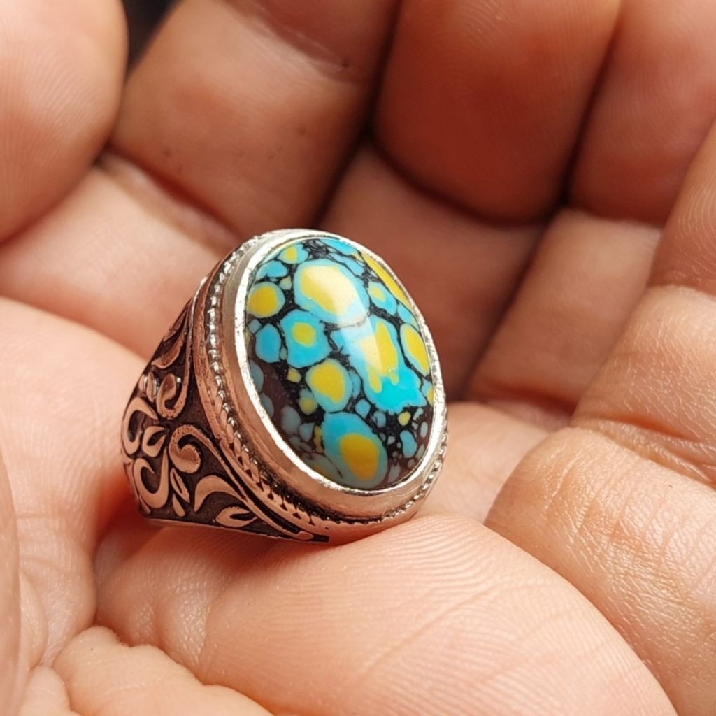 Cincin batu pirus tibet gradasi pancawarna ceplok kuro