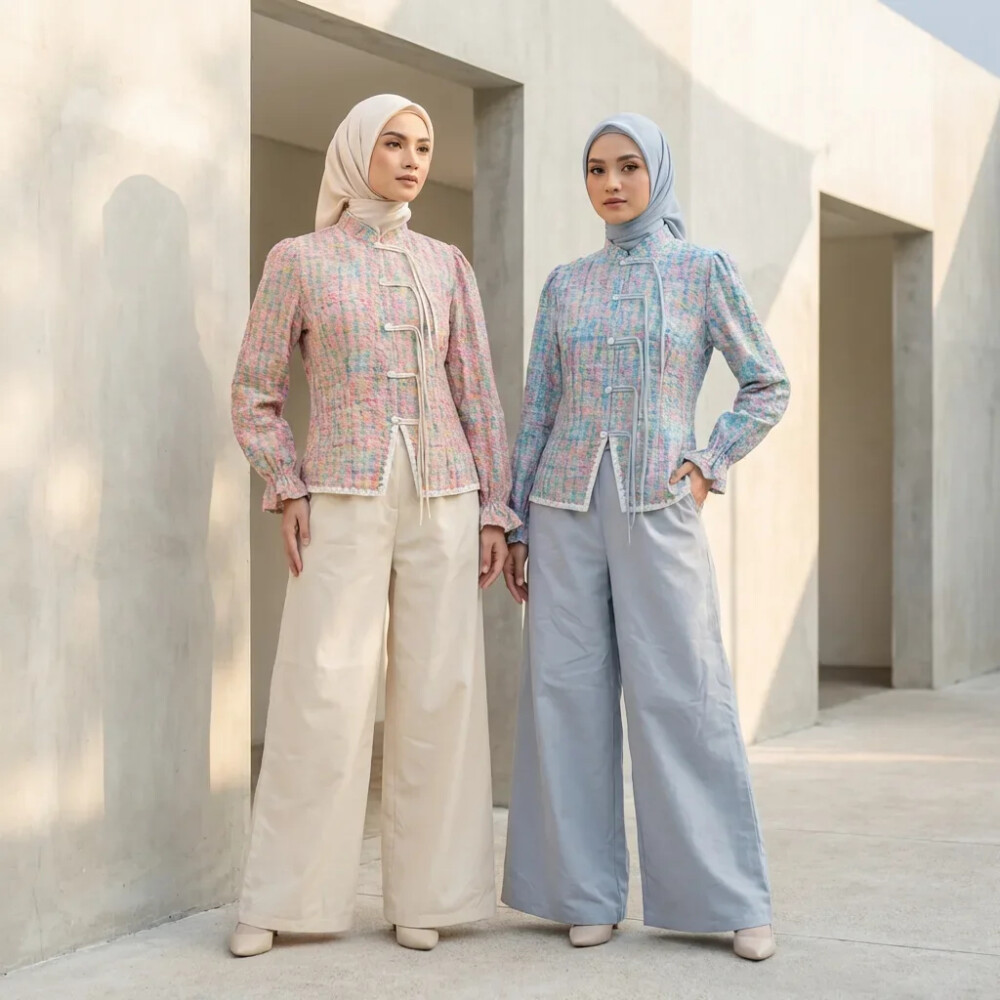 Setelan Baju Muslim Kerah Mandarin Motif Anyaman Warna Pastel|Lengan Panjang Kancing Tangan Celana L