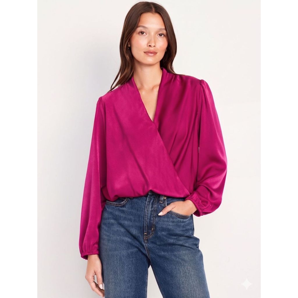 Blouse Lengan Panjang Wanita OLN Wrap-Front Satin Blouse - 2365