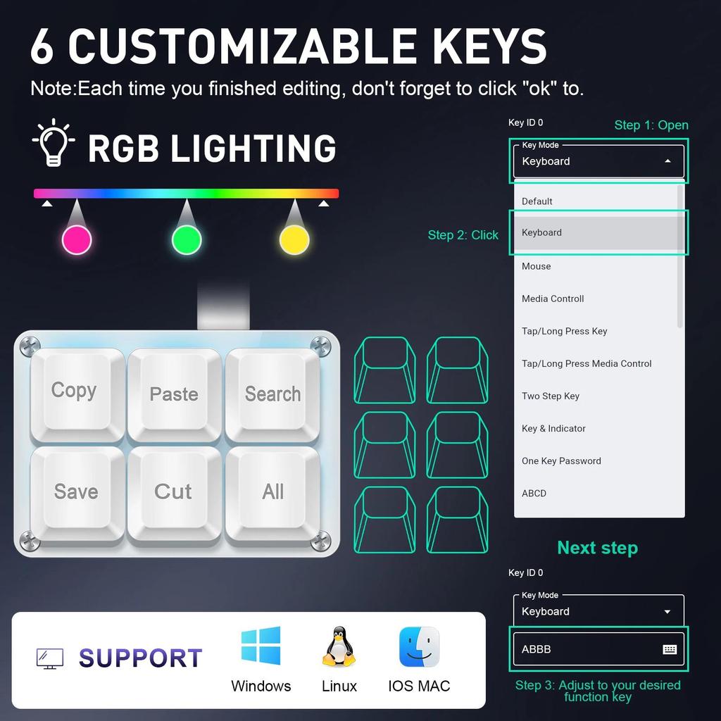 SAYODEVICE 6 Keys Mini Shortcut Key Office Work Macros Keypad OSU Rhythm Game Keypad Gaming USB Wire
