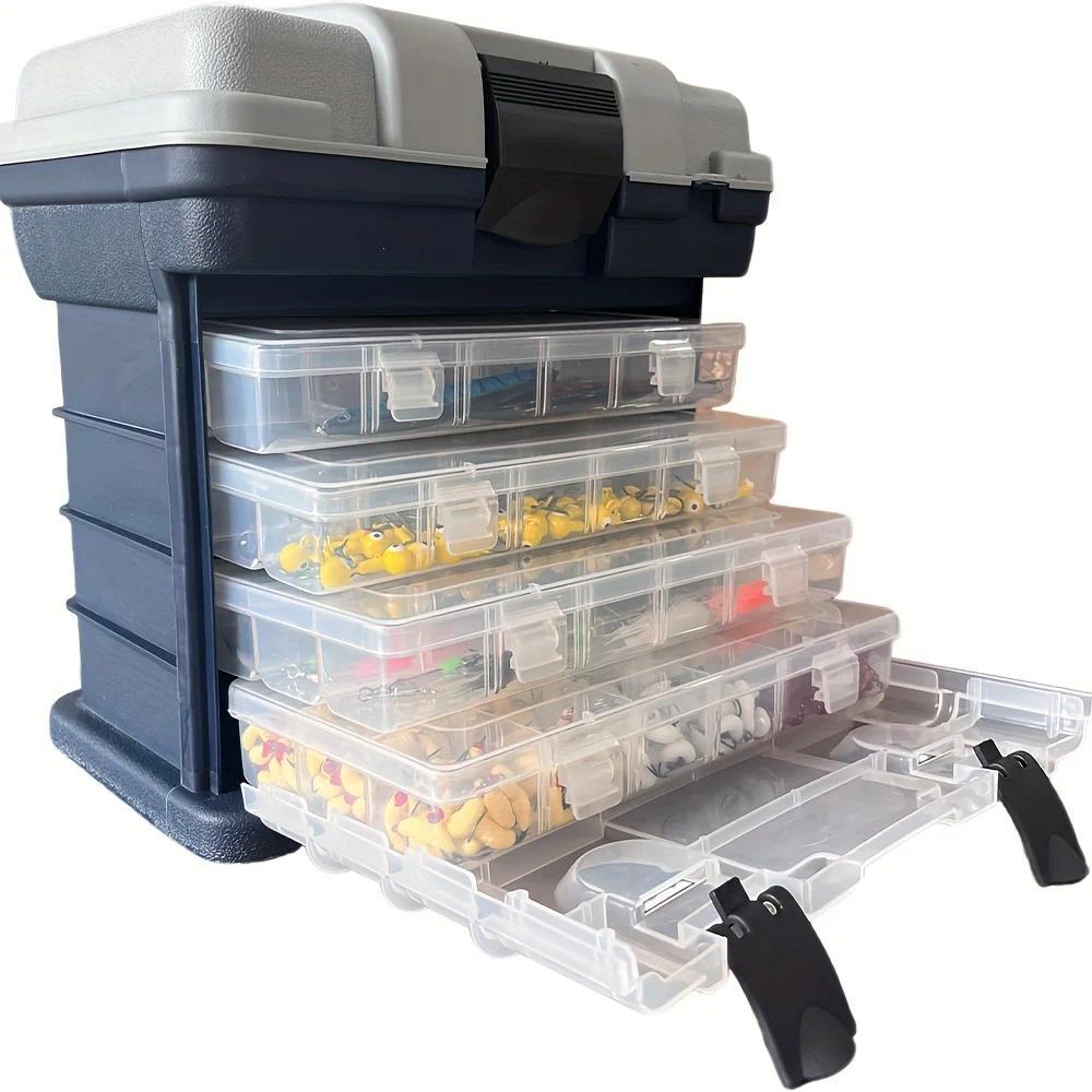 A portable fishing tackle box, a fourlayer bait box, a grey fishing accessory storage box, a plastic