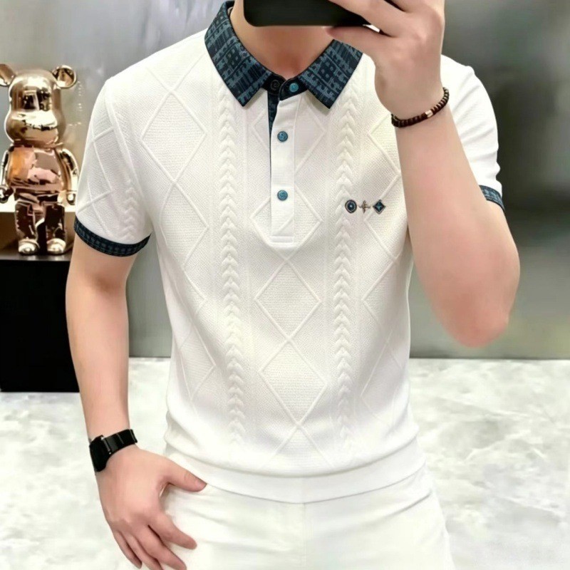 Rajutan Patchwork Lengan Pendek polo Kemeja pria