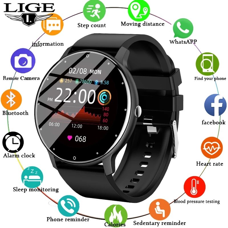 LIGE  Smartwatch Jam Tangan Pintar Pelacak Kebugaran Tahan air Layar Sentuh Penuh Jam Tangan Olahrag