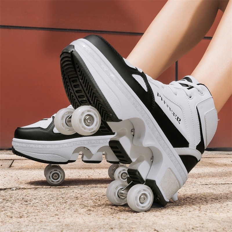 Sepatu Roda 2 Heelys Helis Lampu LED Menyala Charge deformasi Empat roda berjalan sepatu Dapat berja
