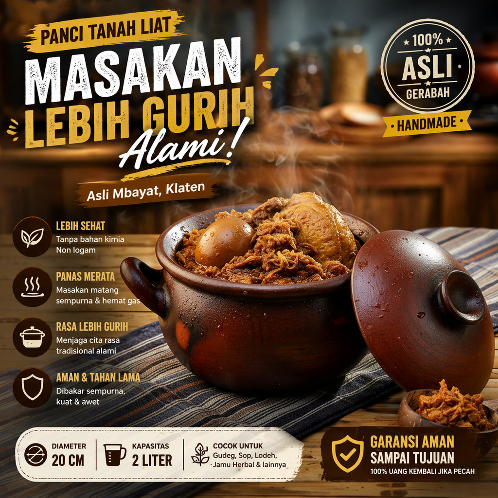 Panci Tanah Liat 20cm 2L – Kendil Rebus Masakan Tradisional untuk Jamu, Sop, Lodeh & Gudeg | Masakan