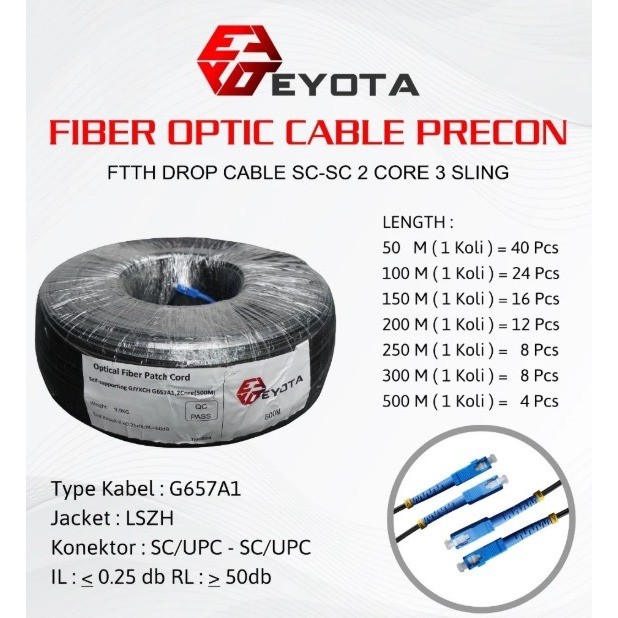 EYOTA KABEL FIBER OPTIK PRECON 2 CORE 3 SLING kabel fo 50m 50meter 100meter 100m 150m 150meter 250m 