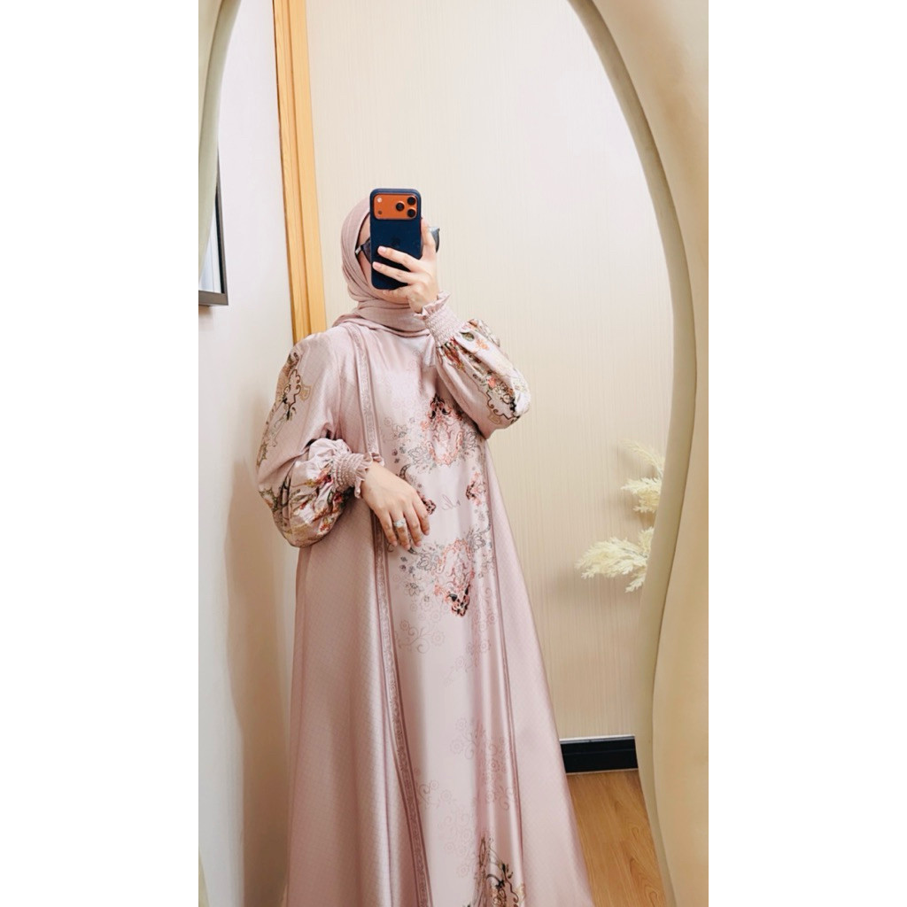 [Ready] Nk 92 - Gamis Printing Nk Muslimah Soft Pink + Hijab