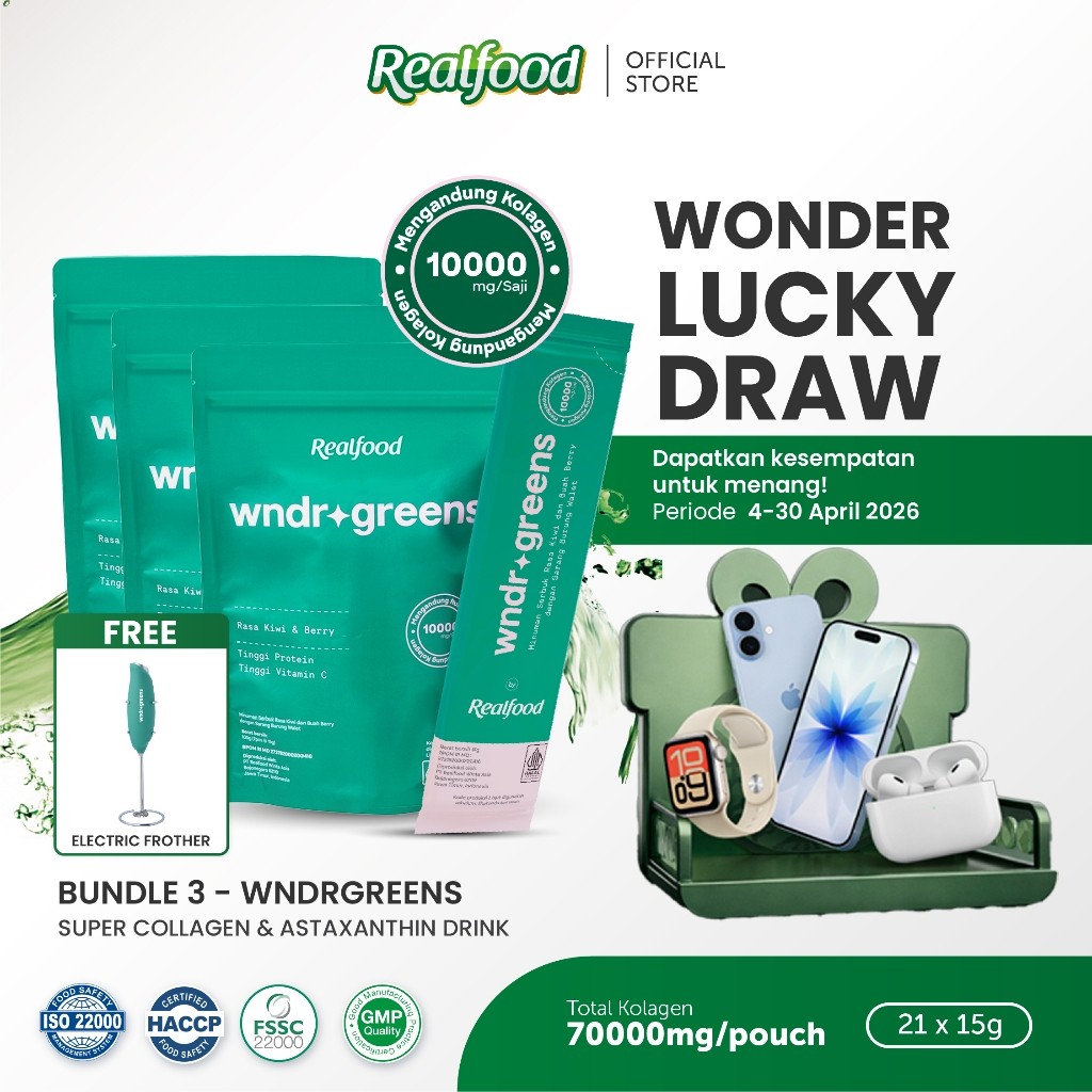 Realfood WNDR Greens Triple Pouch | Super Green Super Collagen Drink | Collagen 10000mg | Bird's Nes