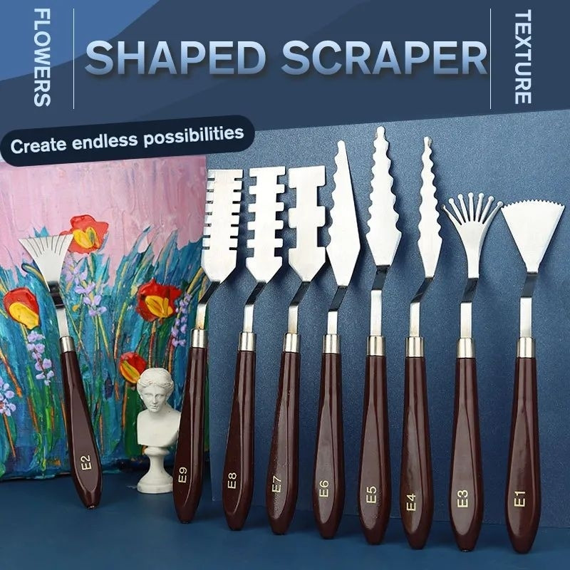 Pisau Palet Set 9pcs Spatula Lukis Stainless Steel Pisau Dekorasi Kue Ukir Palet Lukis Gagang Kayu