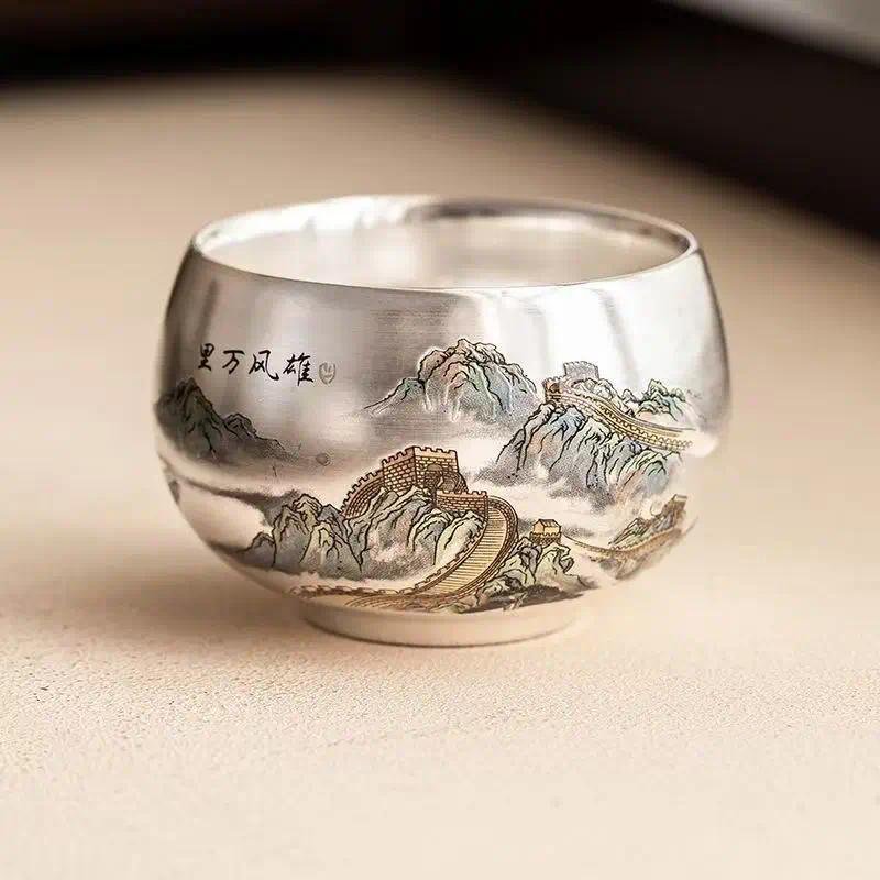 130ML Xiongfeng Wanli Luohan Cup Light Luxury Master Cup Hand Painted 999 Silver Ceramic Teacup Tea 