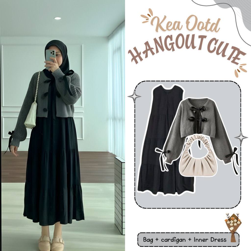 Kean Set Outfit Korean Style 3IN1 [ Tas + Cardigan + Inner Dres ] Ootd Remaja Berhijab KEkinian -D81