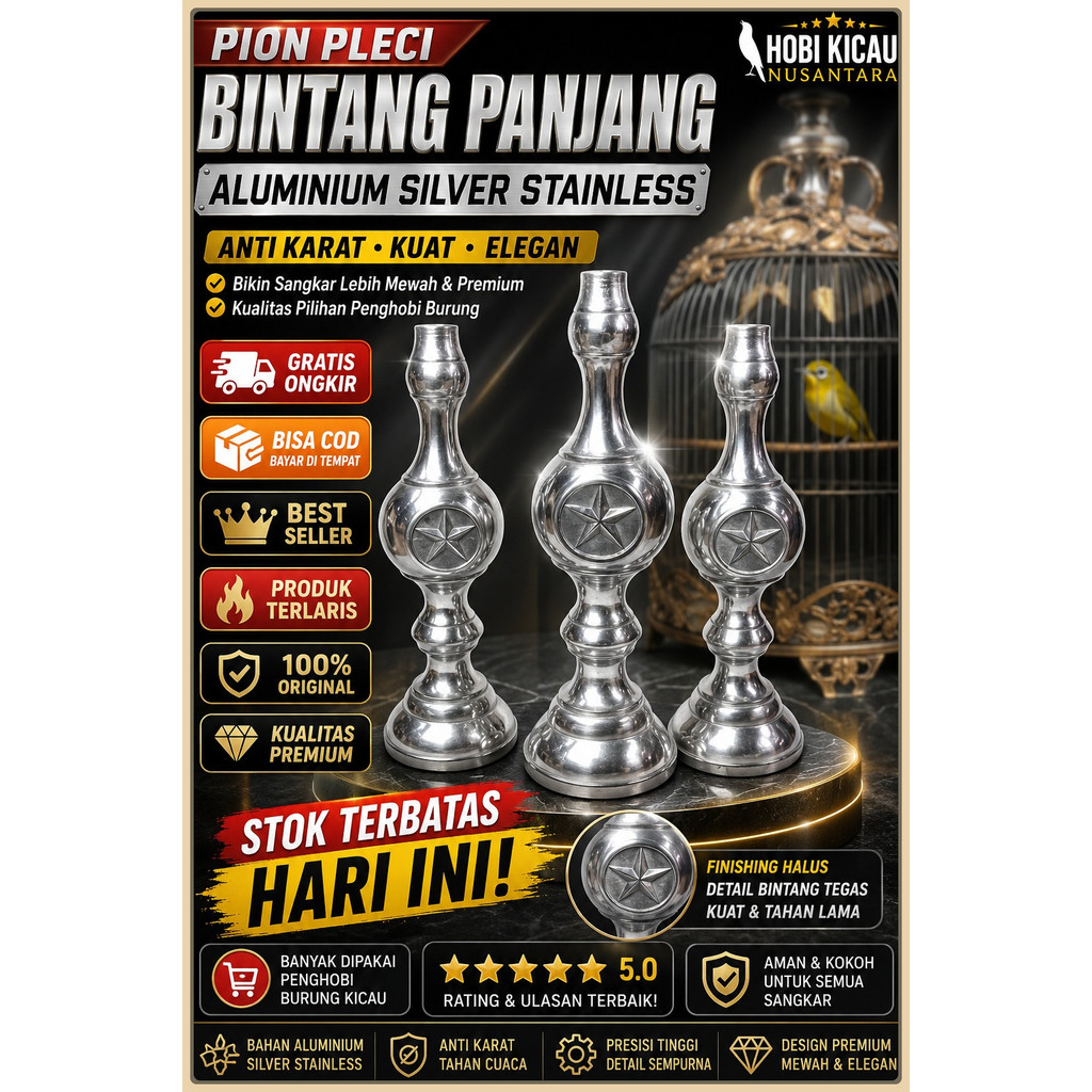 Pion Sangkar Kandang Burung Pleci Chrome Panjang Mahkota Gantungan Kandang Heloped Fullset Tatakan L