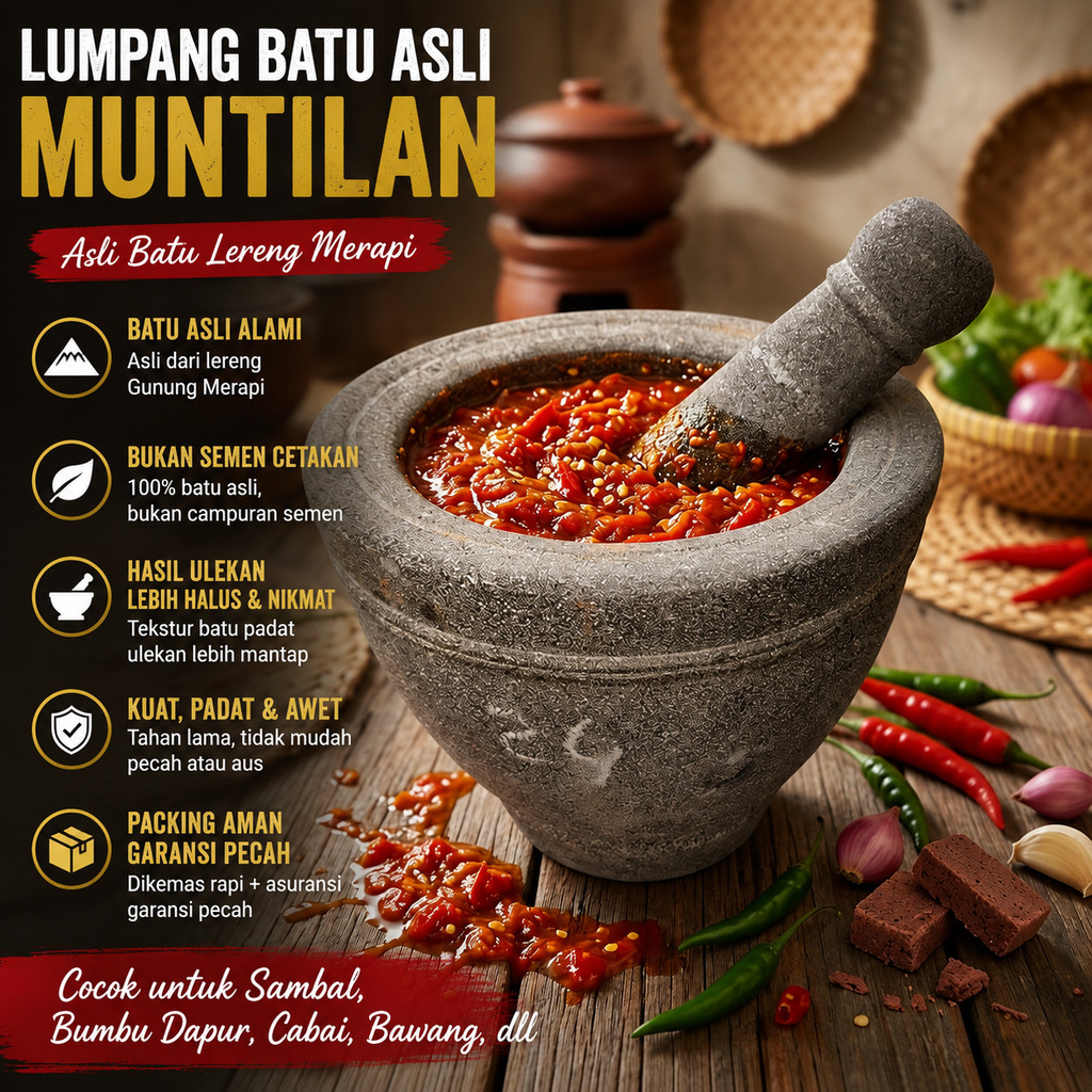 Lumpang batu asli Muntilan dari batu lereng Merapi Diameter 24cm + Alu Lesung — awet, berat, natural
