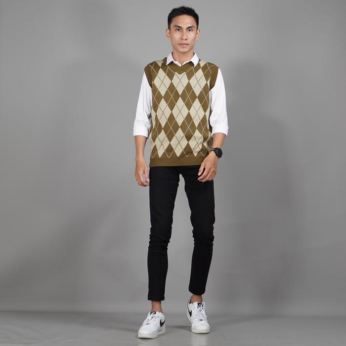 Okechuku Rompi Pria Vest Pria MOTIF KOTAK Vest Rajut Pria Rompi Custom - Bronze