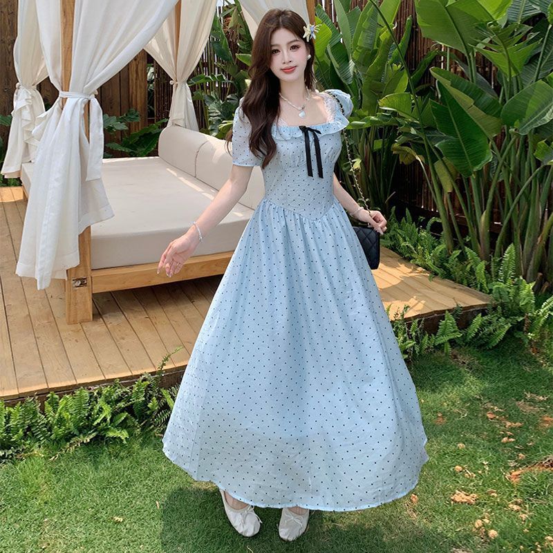 [COD]Haiyan Square Collar Wave Point Sling Dress