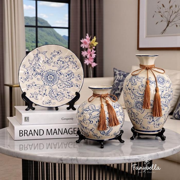 Pajangan Set 3 Guci Vas Keramik Putih Biru Ukuran 30 cm Aesthetic Dekorasi Rumah Import kawat bulu b