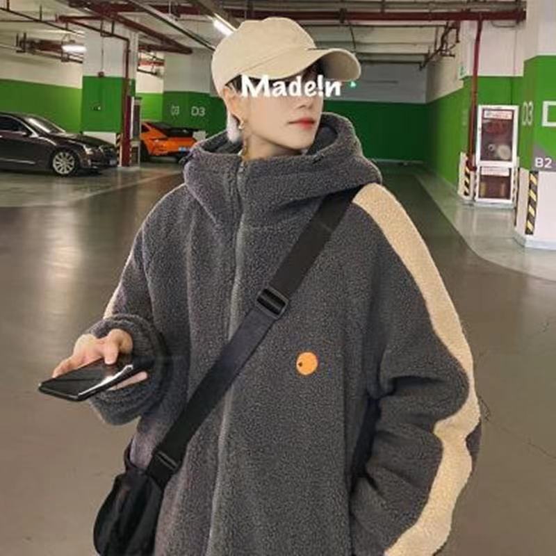 [Beruang kutub] Jaket Katun Bulu Domba Pria Tebal Jaket Bulu Domba Hangat Jaket Katun Trendi Halus