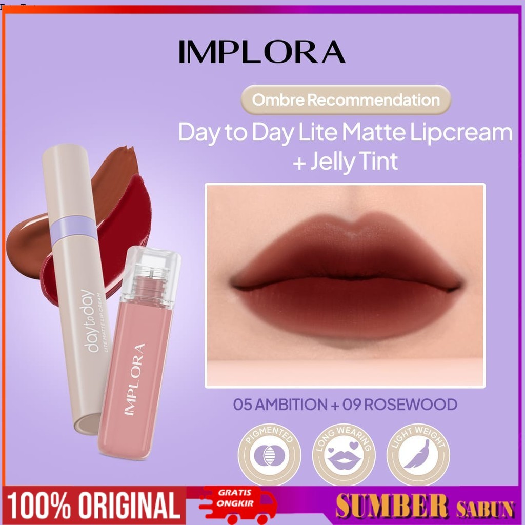[BEST SELLING] Implora Day To Day Lite Matte 05 + Jelly Tint 09 – Bundle Makeup Ombre Favorit