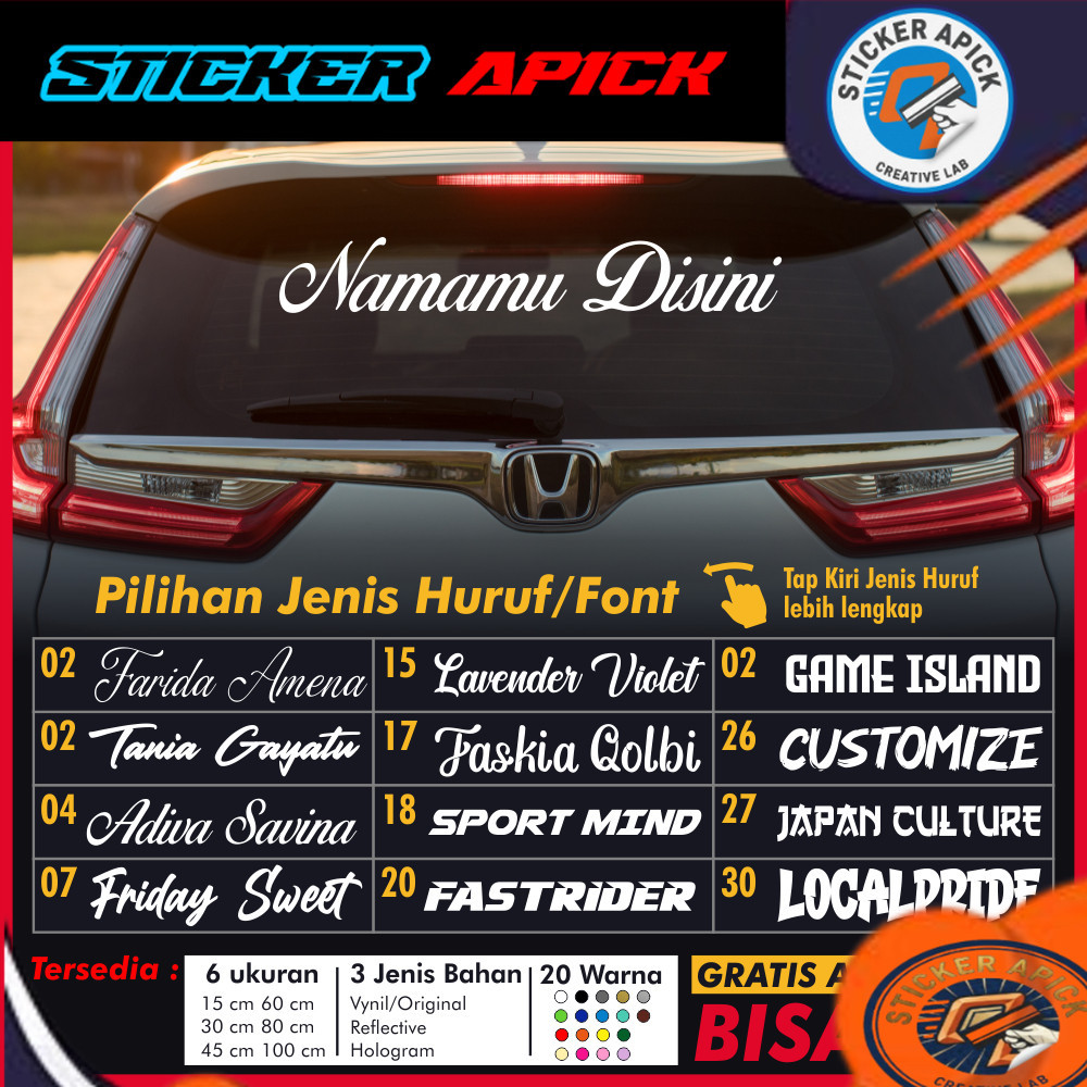 cutting sticker kaca Stiker Nama Custom Kaca Mobil Belakang dan Depan Cutting Sticker Reques Nama Mo