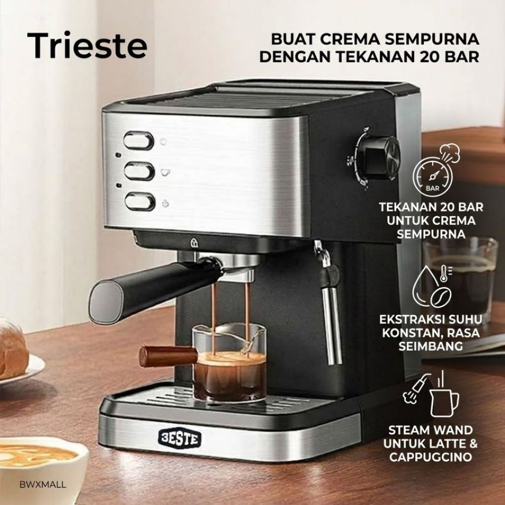 Coffee Maker Espresso Trieste CM3030 Mesin Kopi Otomatis 20 Bar 1050W Alat Pembuat Kopi Praktis Deng